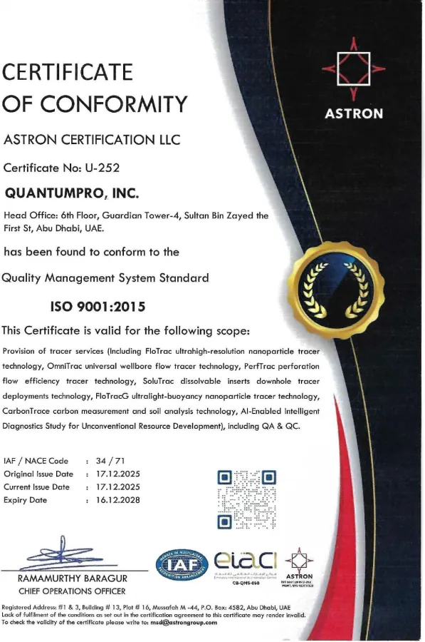 QuantumPro, Inc. ISO 9001:2015 Certificate of Conformity U-252, Abu Dhabi, UAE