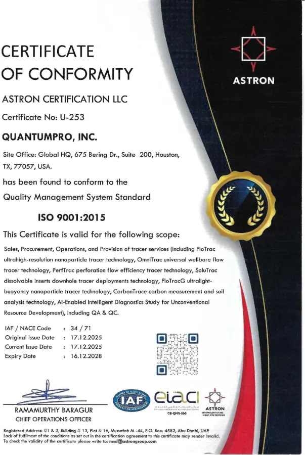 QuantumPro, Inc. ISO 9001:2015 Certificate of Conformity U-253, Houston, TX, USA